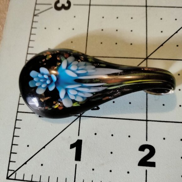 Handcrafted Murano Style Glass Teardrop Pendant Black Blue Floral Design - Picture 2 of 4